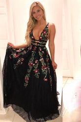 Black Lace Floral Embroidery Long Prom Dress A-Line V-Neck Backless Formal Gown